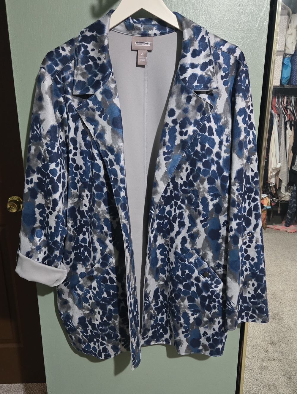 Chico's Blue and Gray Printed Open-Front Blazer